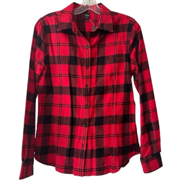Icone Simons Buffalo Plaid Checkered Red & Black Flannel Button Up Shirt Top - Picture 1 of 7